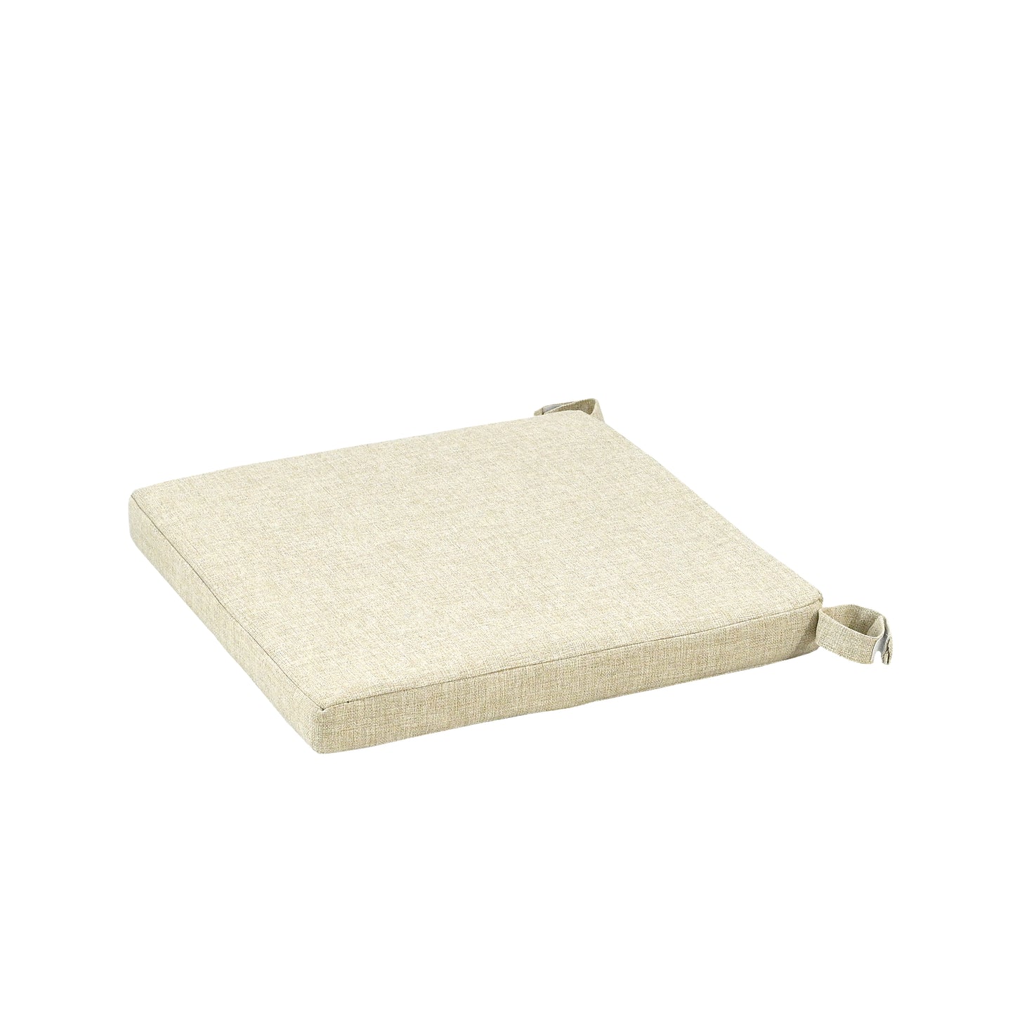 Medium-sized square seat pad, in oatmeal color with visible ties, on white background