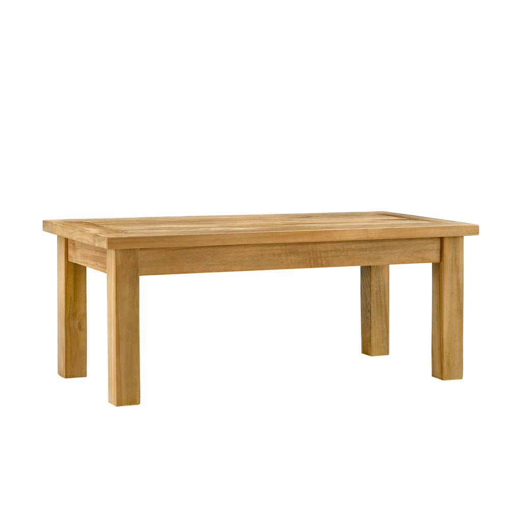 
                  
                    Single teak rectangular low coffee table with chunky square legs, on white background
                  
                
