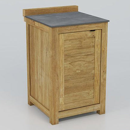 Teak cabinet with a grey ceramic countertop on a light grey background