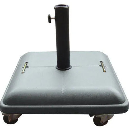 Concrete  parasol base with metal stand for parasol pole, on wheels, on white background