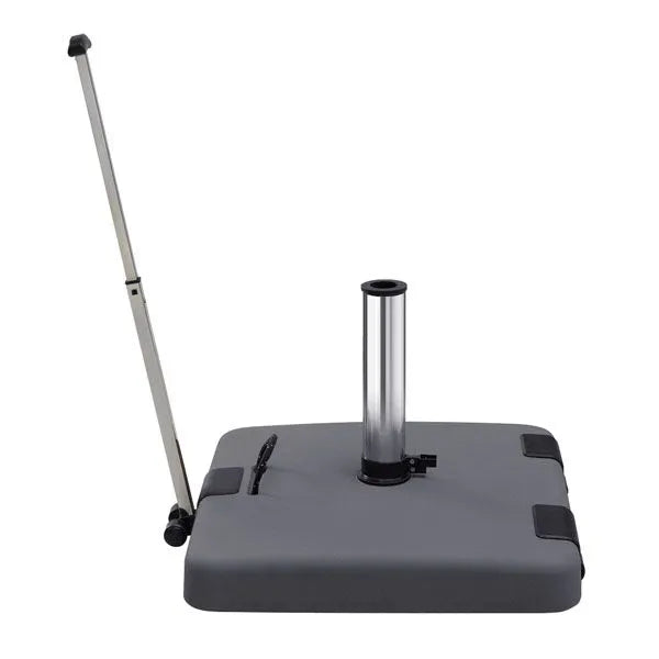 Concrete  parasol base with metal stand for parasol pole and handle to reduce diameter of stand to fit different sized poles, on white background