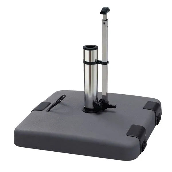 Concrete  parasol base with metal stand for parasol pole, on white background