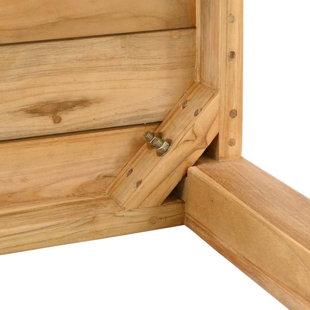 
                  
                    Close up of underside of teak bench with focus on screws that attach leg to seat
                  
                