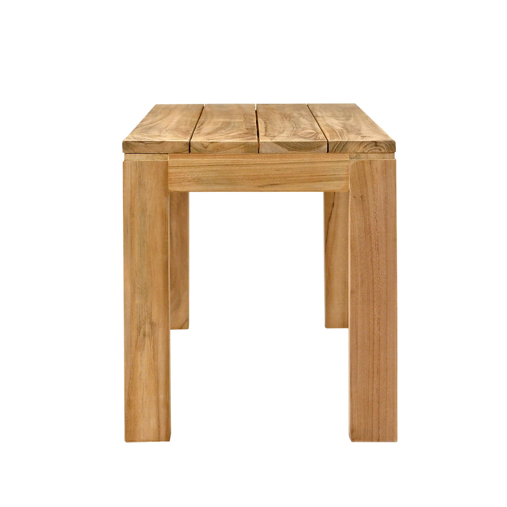 
                  
                    End view of teak outdoor bench with square legs, on white background
                  
                
