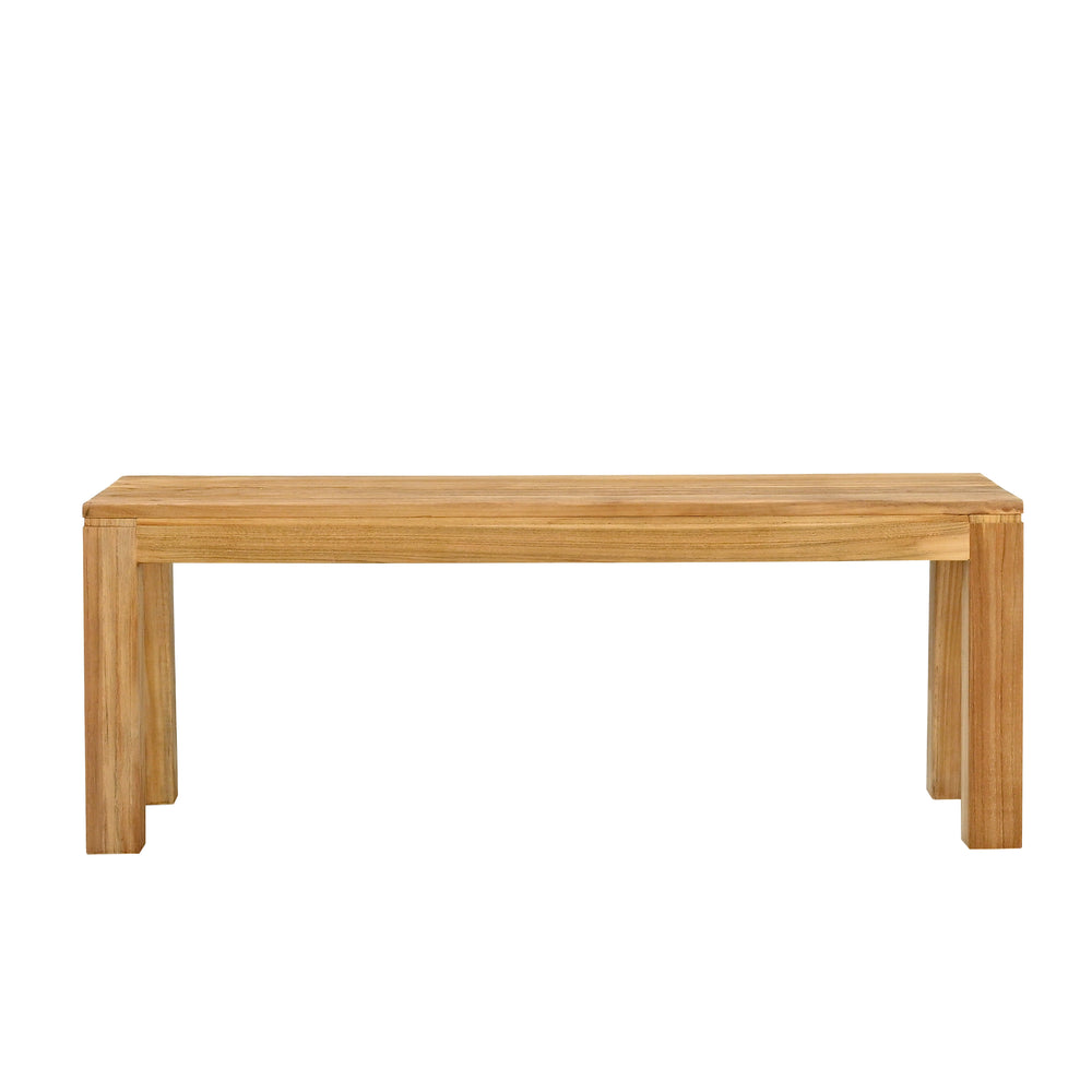 
                  
                    A side view of teak bench with a natural finish, featuring a simple design with no backrest or armrests,  on white background. 
                  
                