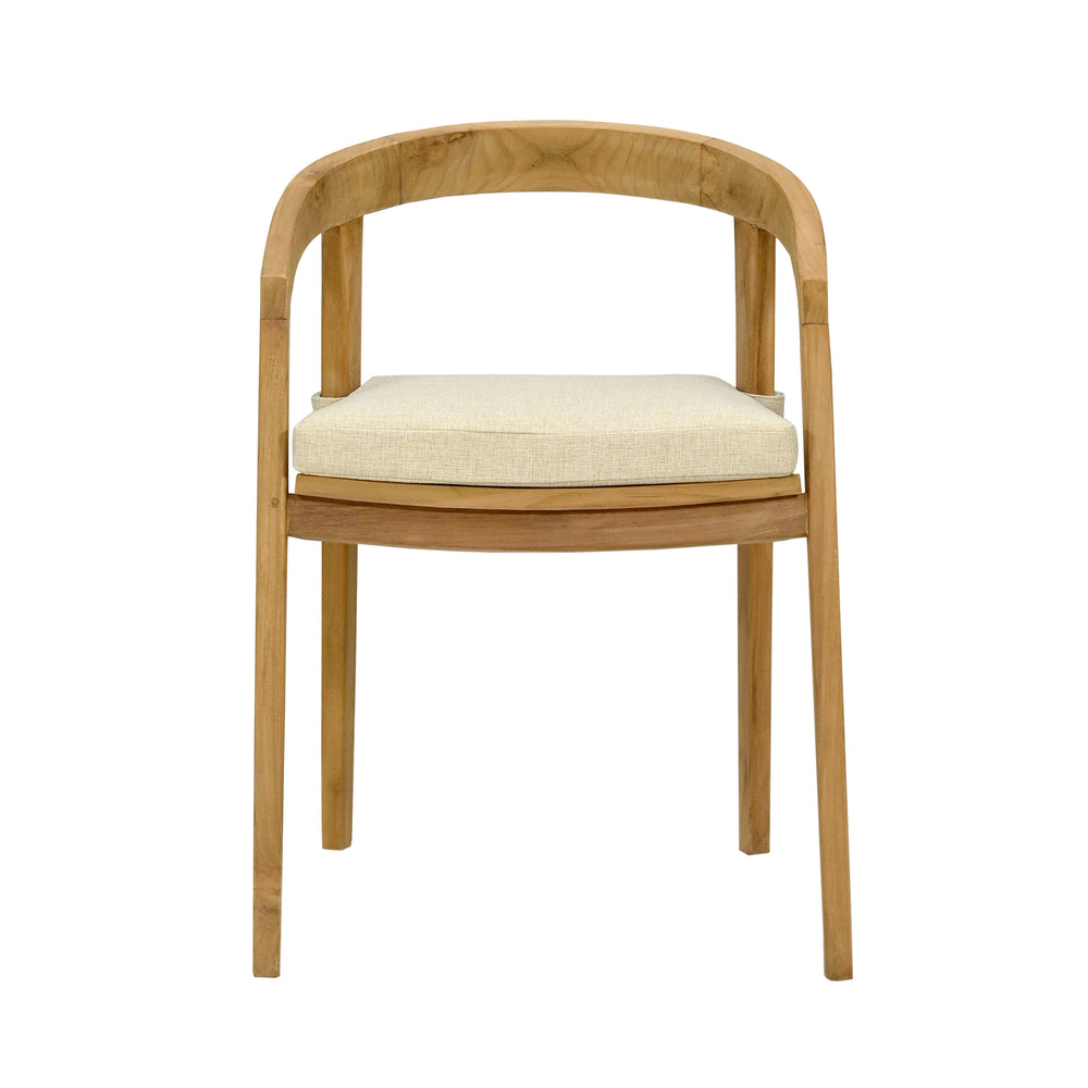 
                  
                    Single teak outdoor dining chair with curved backrest, slim legs and oatmeal coloured seat pad on white background
                  
                