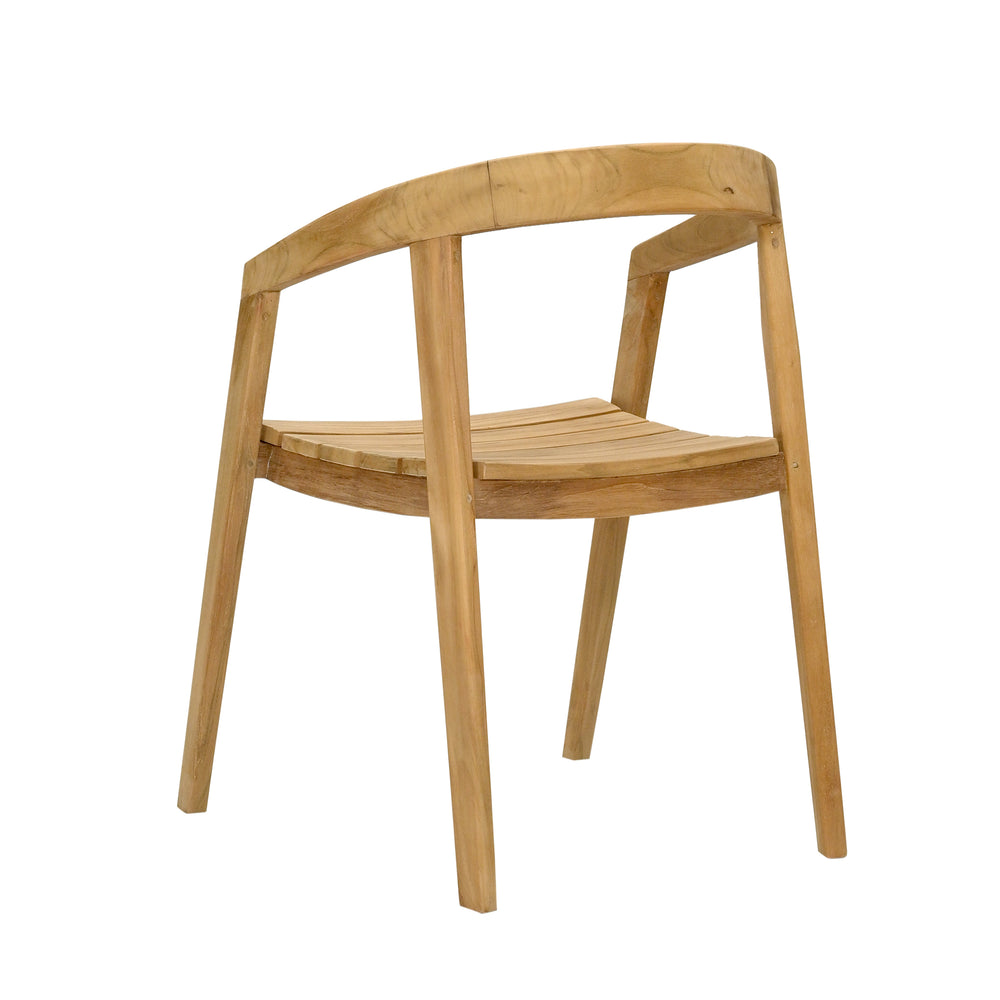 
                  
                    Back view of a contemporary teak dining chair with a curved backrest and seat, designed for outdoor use, on white background
                  
                