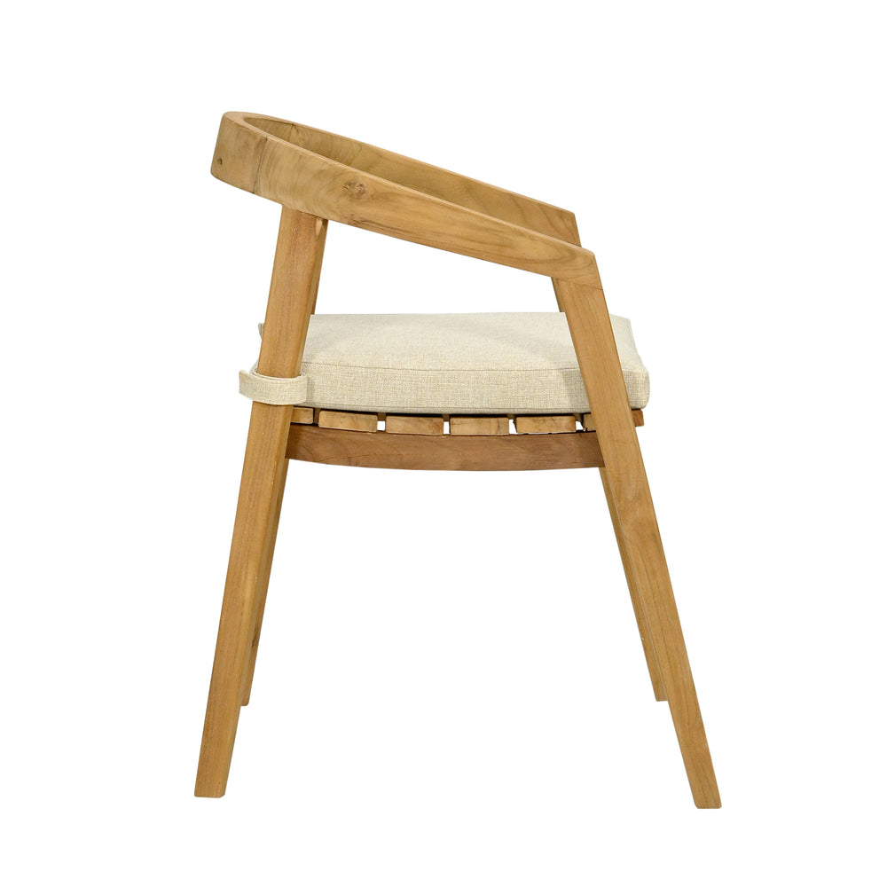 
                  
                    A contemporary teak dining chair with a curved backrest and oatmeal coloured seat cushion, designed for outdoor use, on white background
                  
                