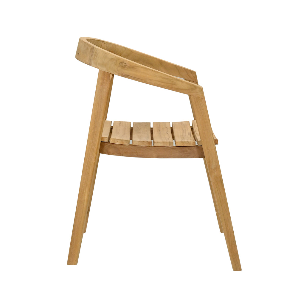 
                  
                    Side view of a contemporary teak dining chair with a curved backrest and seat, designed for outdoor use, on white background
                  
                