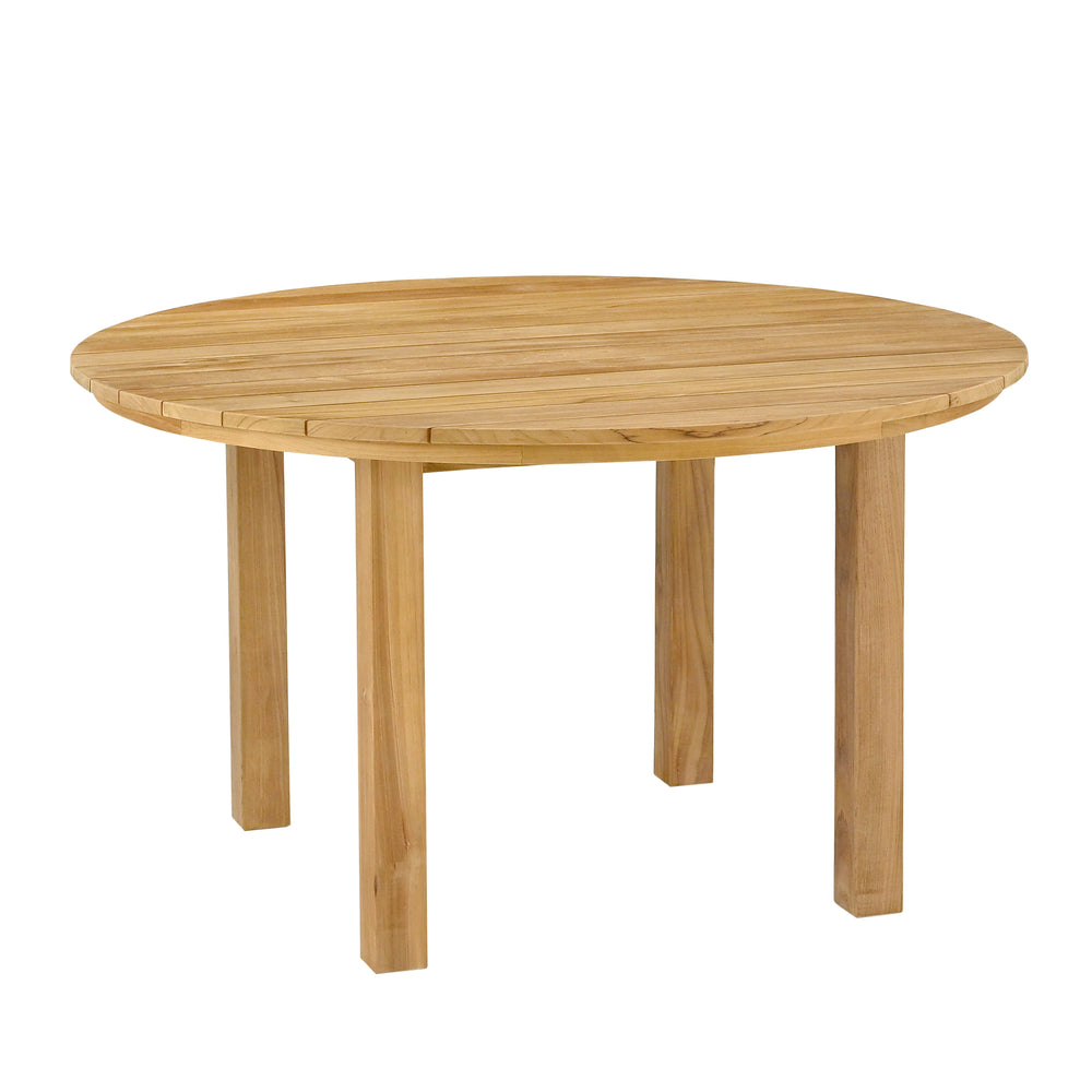 
                  
                    A round teak outdoor dining table with extra-wide table slats. The table has a smooth finish and is displayed against a white background.
                  
                