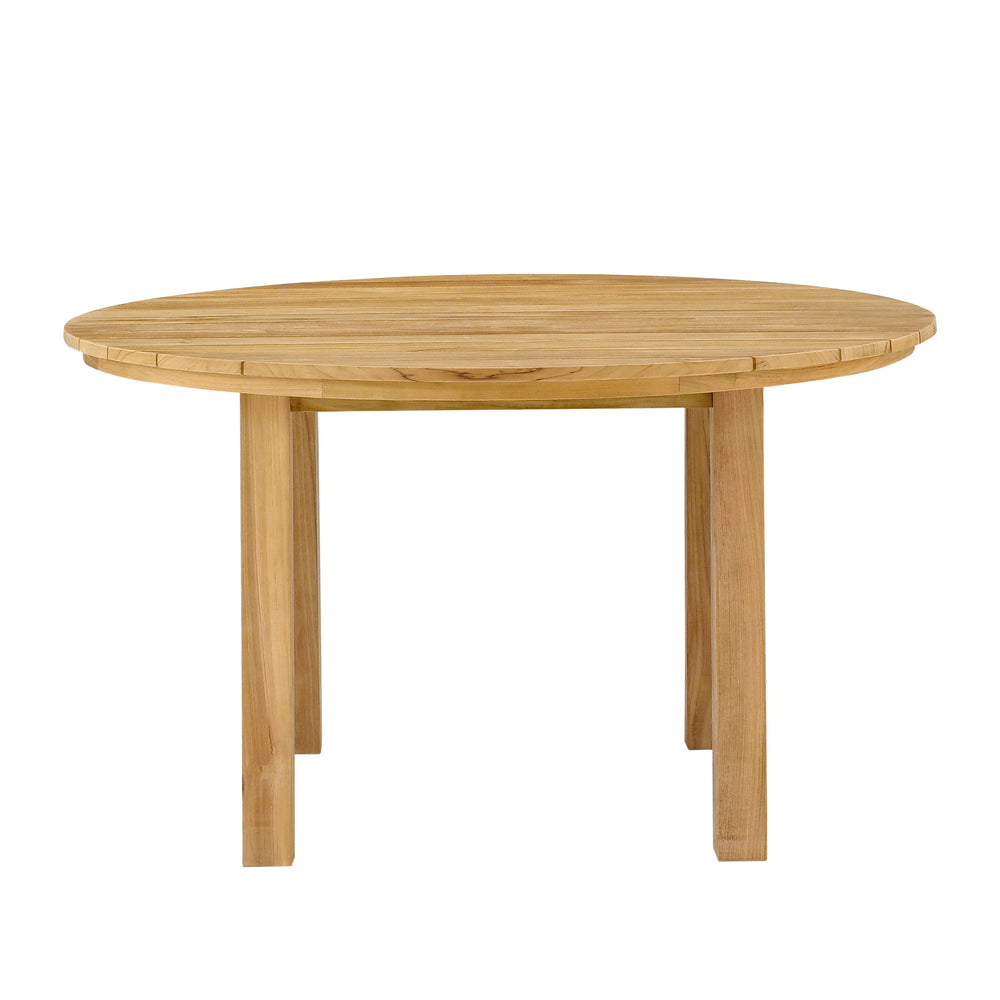 
                  
                    Single teak round table with slatted table top and four legs at each corner, on white background
                  
                