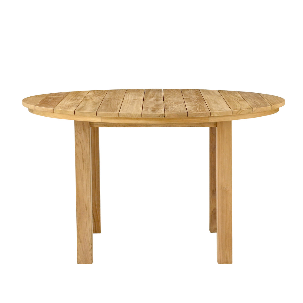 
                  
                    Single outdoor teak coffee table with four square legs on white background. 
                  
                
