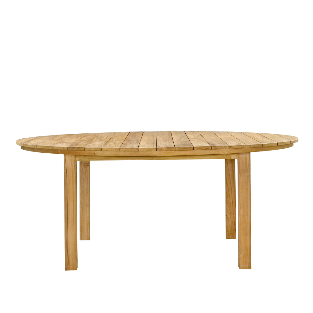 
                  
                    Teak round table with slatted table top and square legs, on white background
                  
                