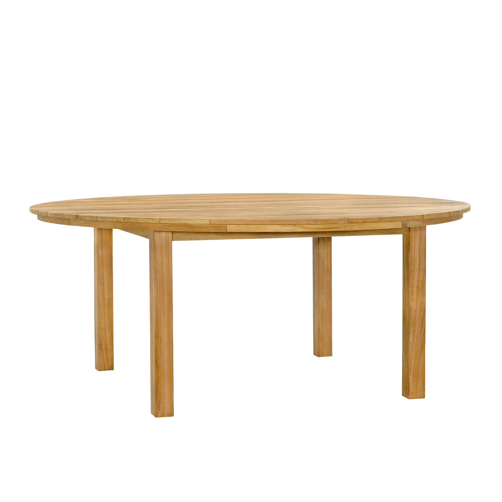 
                  
                    A round outdoor dining table, made of teak wood. The table has a smooth finish and is displayed against a white background.
                  
                