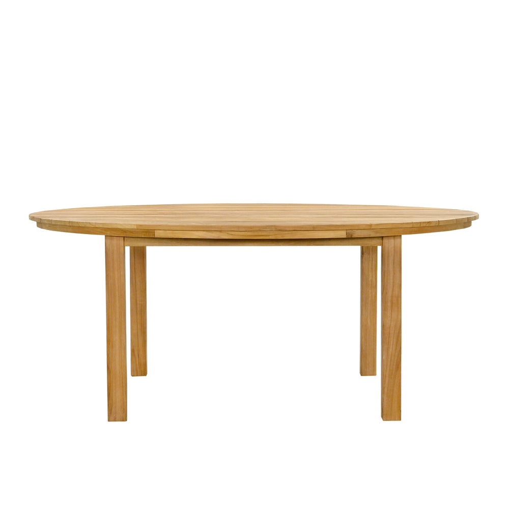 
                  
                    Teak round outdoor table with square legs on white background
                  
                