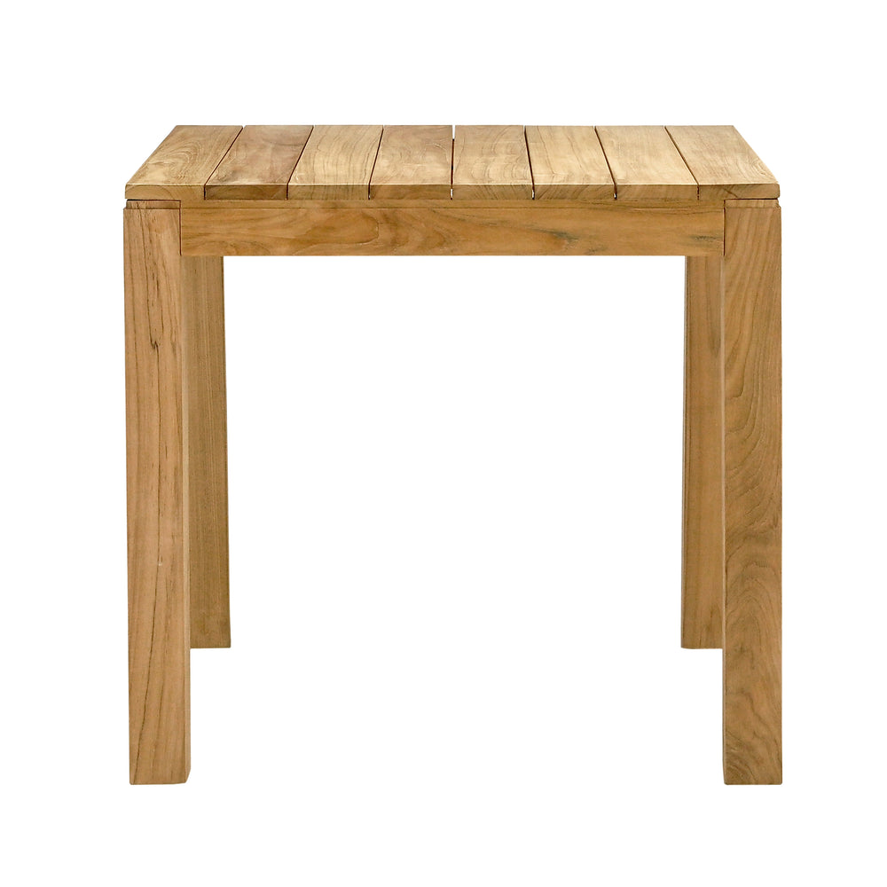 
                  
                    Single teak square table with slatted table top and slim legs, seen from side on, on white background 
                  
                