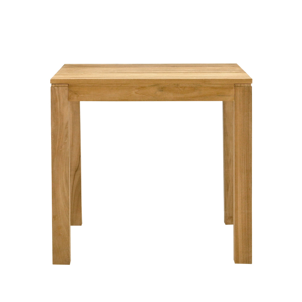 
                  
                    Single teak square table with slatted table top and slim legs, seen from side on, on white background 
                  
                