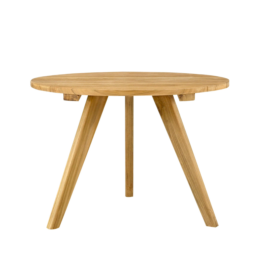 
                  
                    A round outdoor coffee table made of teak with three legs.
                  
                