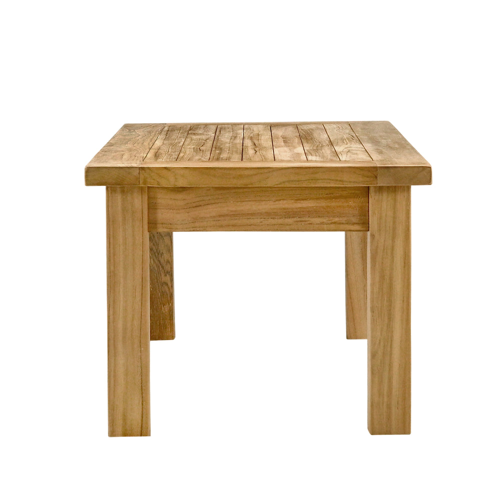 
                  
                    Single teak rectangular coffee table seen from short end on with slatted table top and chunky legs, on white background
                  
                