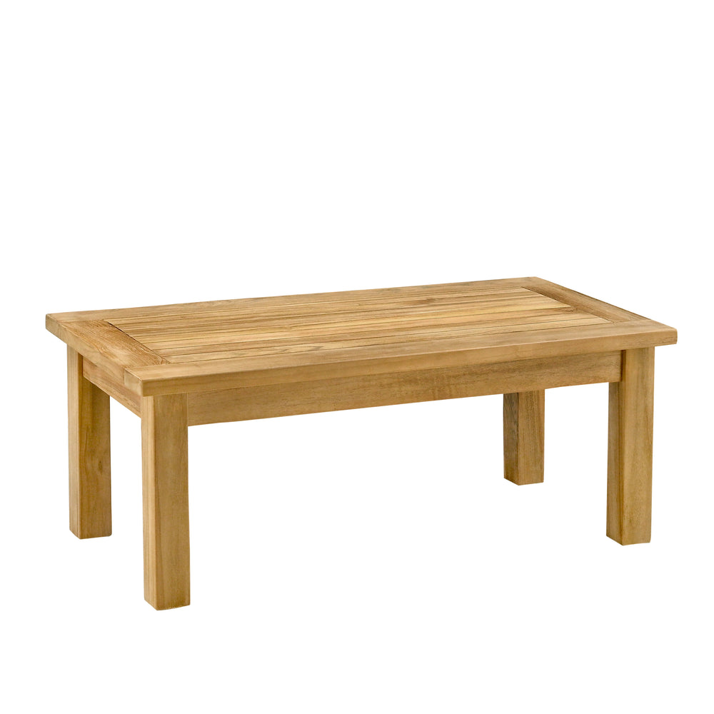 
                  
                    A rectangular coffee table made of teak wood with a slatted tabletop and solid square legs.
                  
                