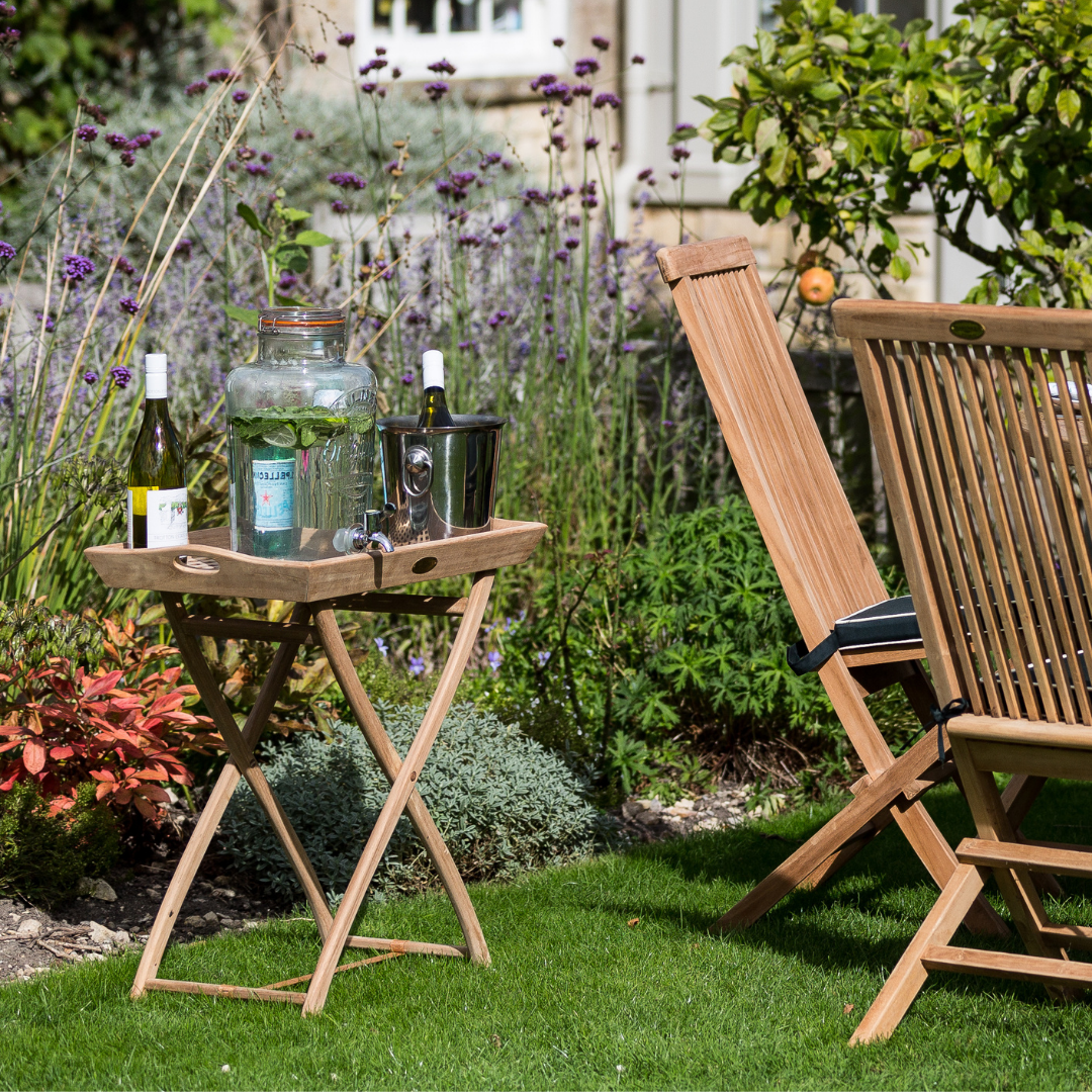  Teak Picnic Butler's Tray with Stand, Snapdragon Teak Dining Chairs