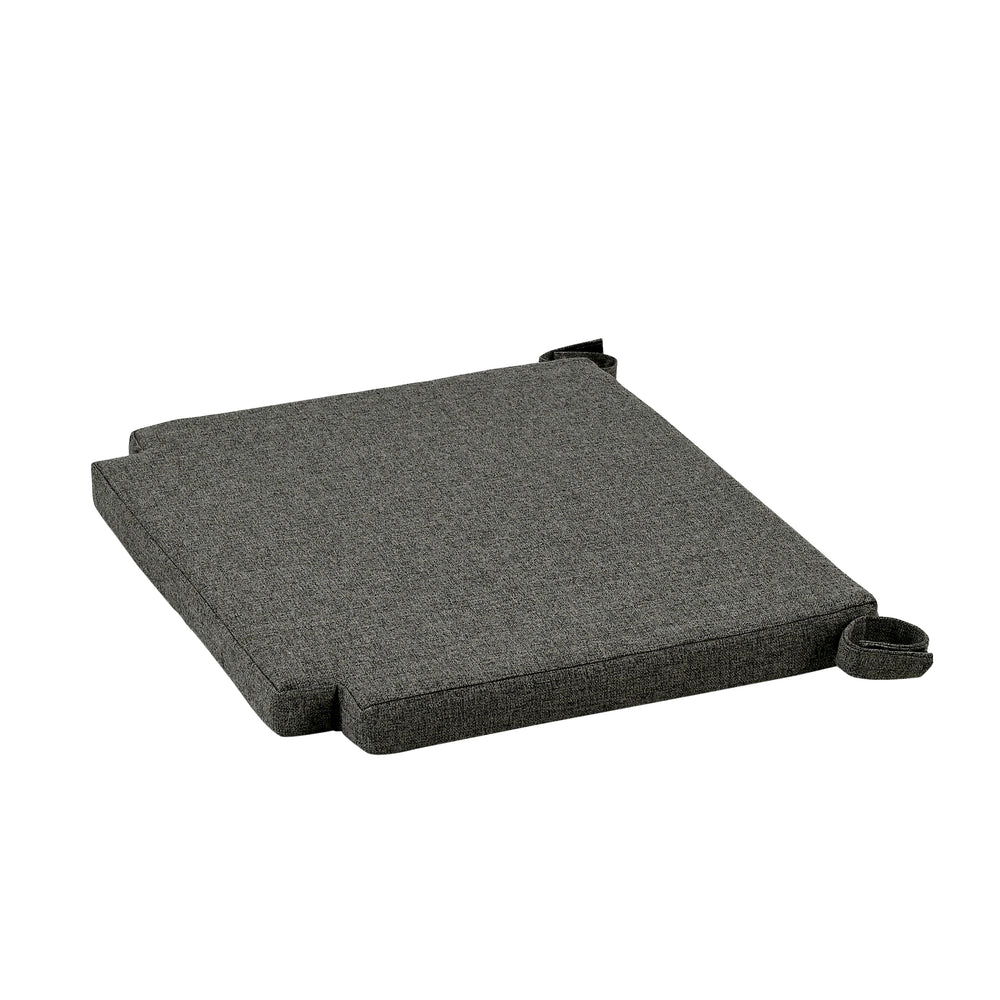 
                  
                    A charcoal coloured square seat pad with velcro ties on each side, displayed against a white background.
                  
                