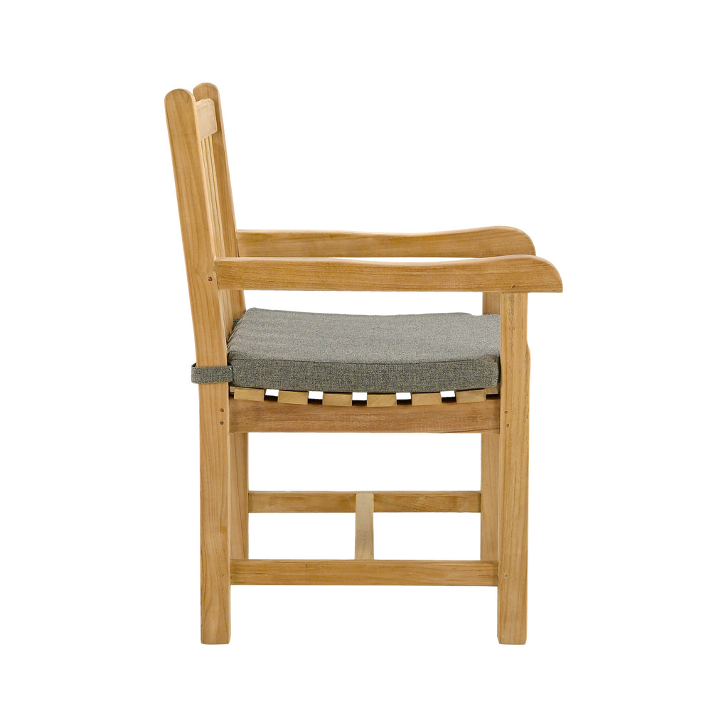 
                  
                    Side view of teak carver chair with arm rests and charcoal grey cushion, on white background
                  
                