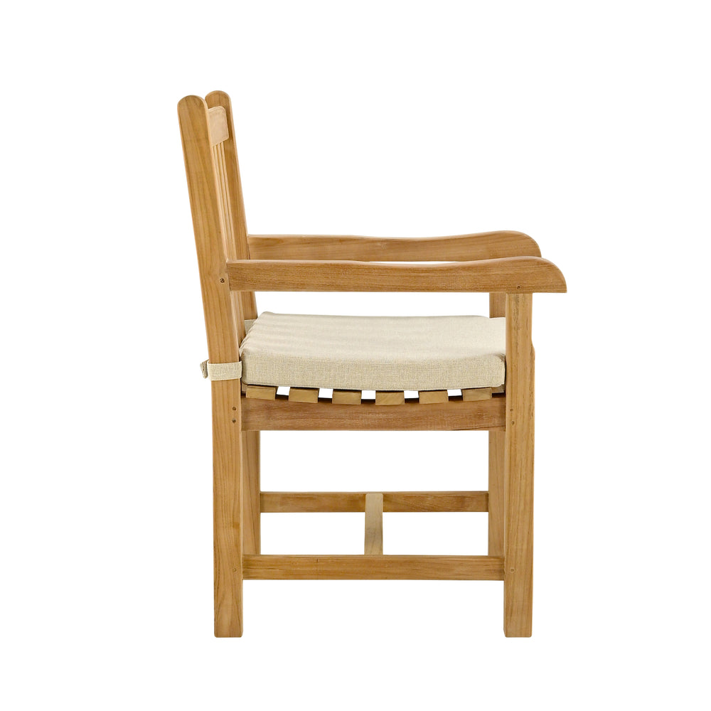 
                  
                    Single teak dining chair with armrests seen from side on with oatmeal coloured seat cushion with visible tie, on white background
                  
                