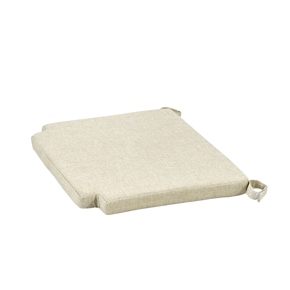 
                  
                    An oatmeal coloured chair seat pad with visible ties, displayed against a white background.
                  
                