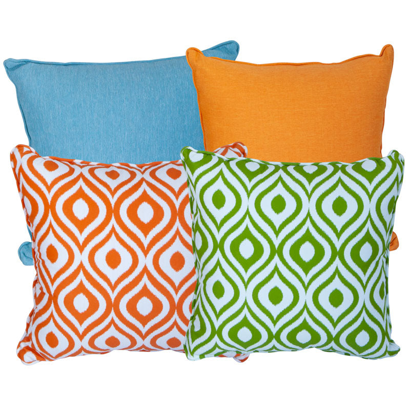 A set of four scatter cushions in different colors and patterns, including solid color and geometric designs, on white background