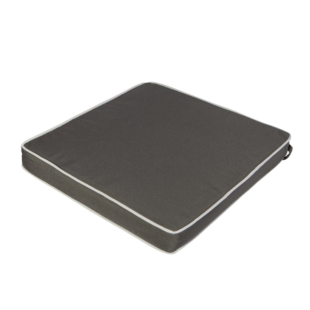 
                  
                    A small square charcoal grey seat cushion with white piping designed for folding chairs.
                  
                