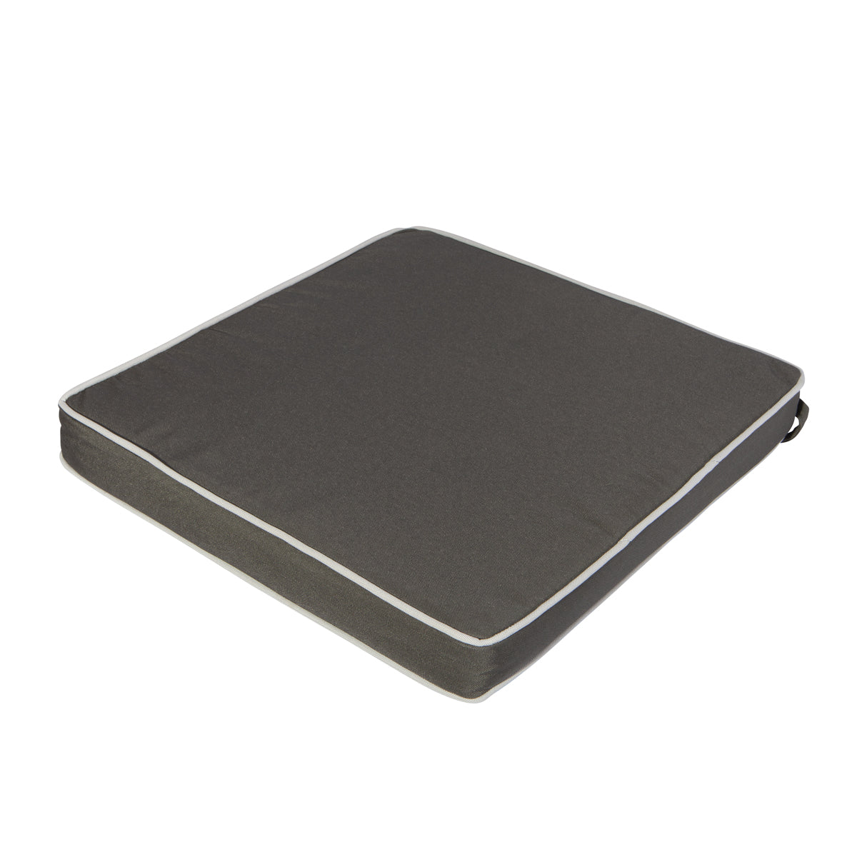 A small square charcoal grey seat cushion with white piping designed for folding chairs.