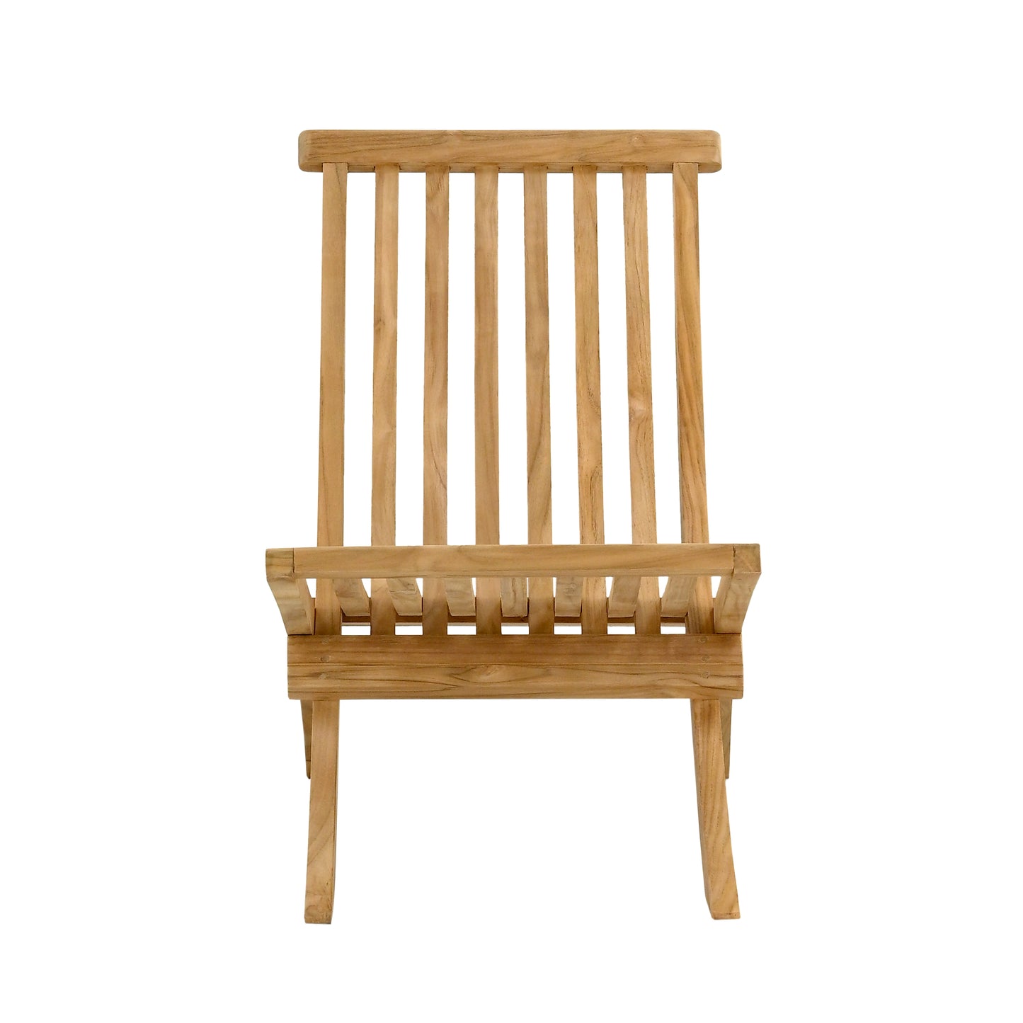 Head on view of teak, folding lounging chair, on white background