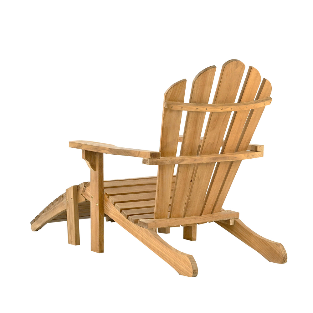 
                  
                    Back view of teak Adirondack lounging chair with footrest on a white background
                  
                