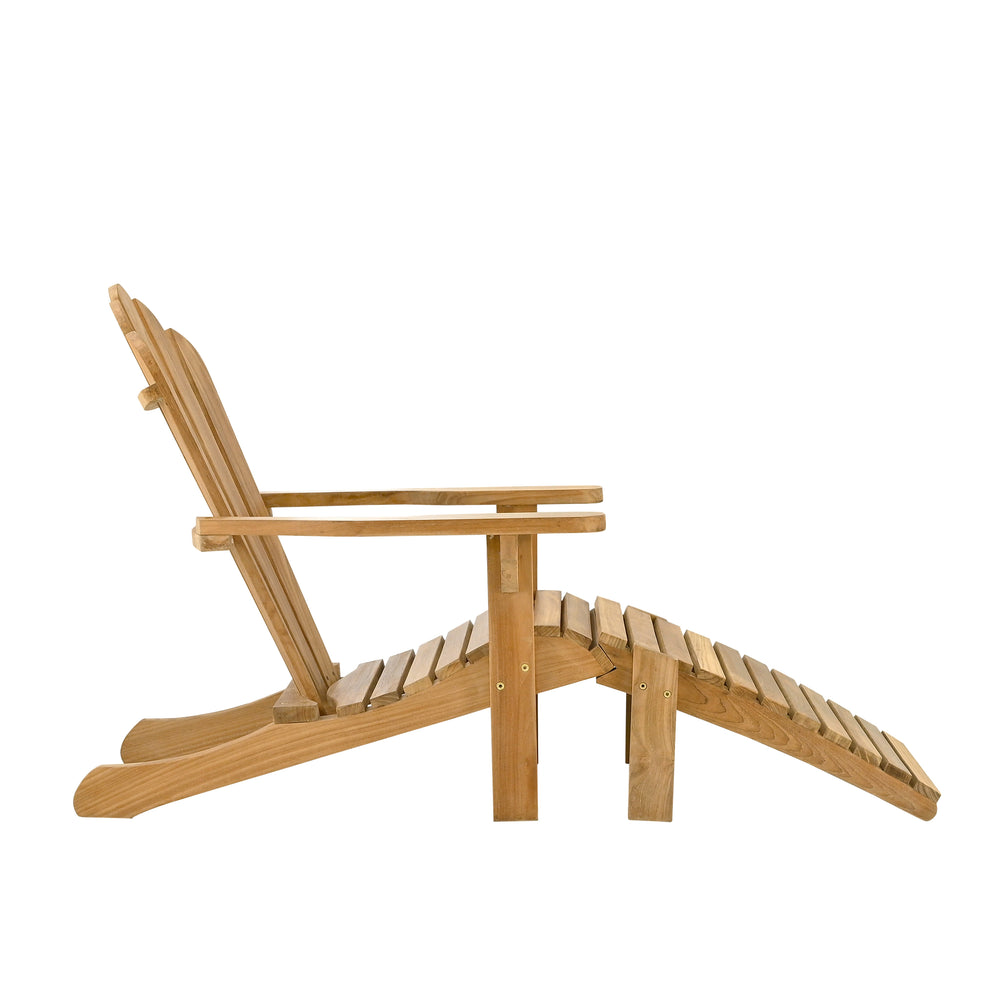 
                  
                    Side view of teak Adirondack lounging chair with footrest on a white background
                  
                