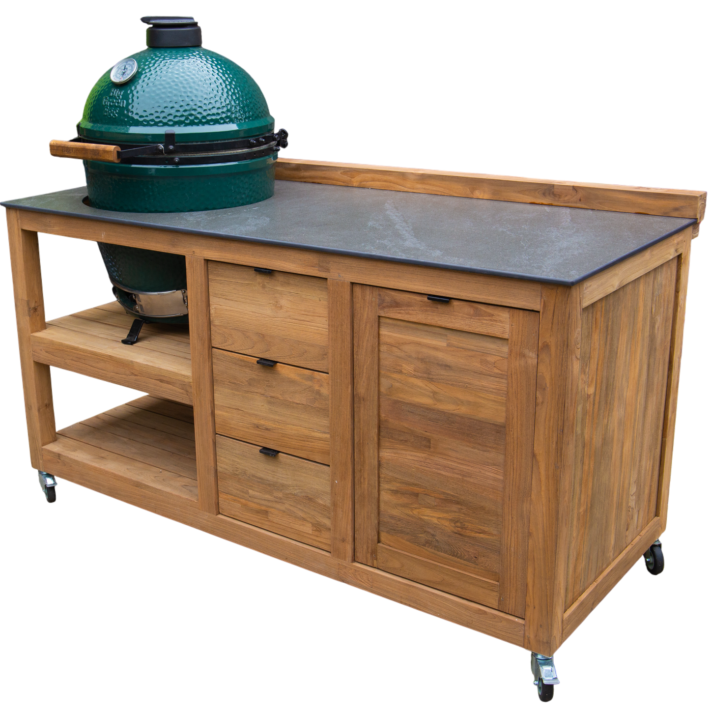 Teak BBQ cart with a green barbecue grill on a white background