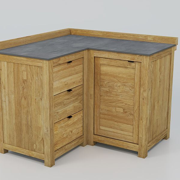 Teak corner cabinet for outdoor cooking and storage, with grey ceramic countertop on a white background