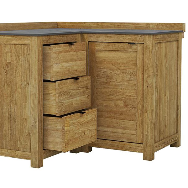 Teak L-shaped corner unit for outdoor dining and storage, with drawers and a cabinet on a white background