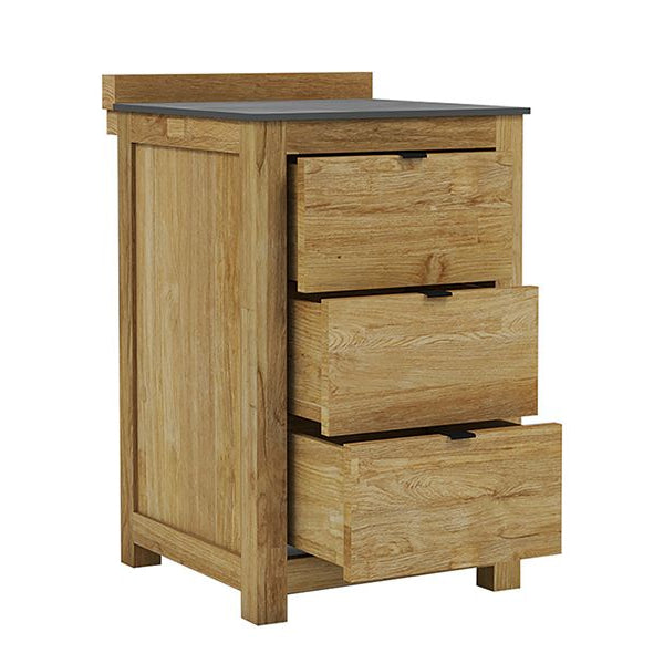 Teak cabinet with three drawers on a white background