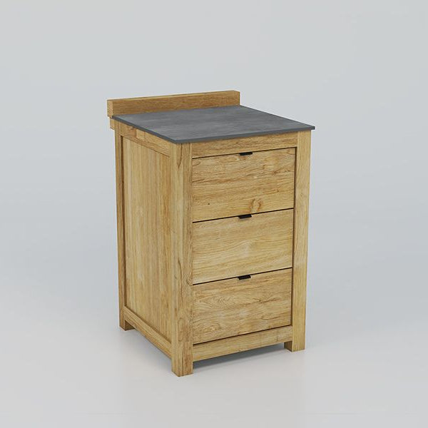 Teak outdoor kitchen unit with three drawers on a grey background