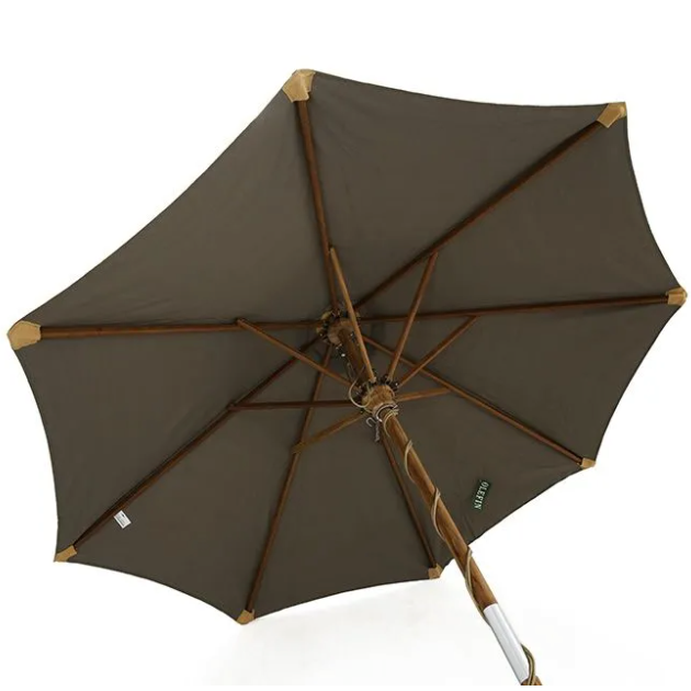 Underside of parasol with dark grey canvas and teak pole and frame, on white background