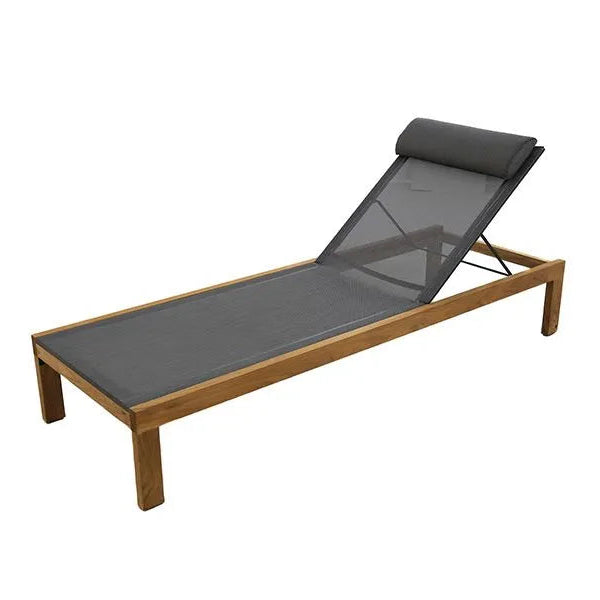 Teak wooden sun lounger with dark mesh seat and backrest on a white background