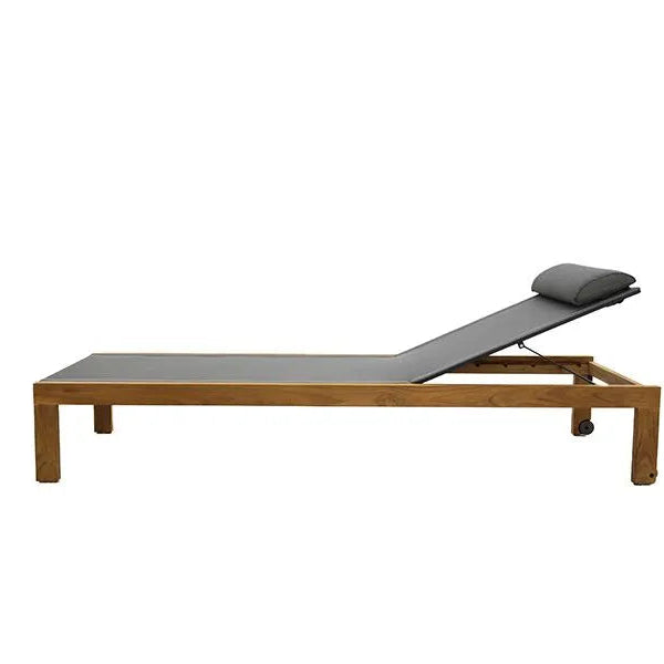 Teak lounge chair with a gray cushion on a white background