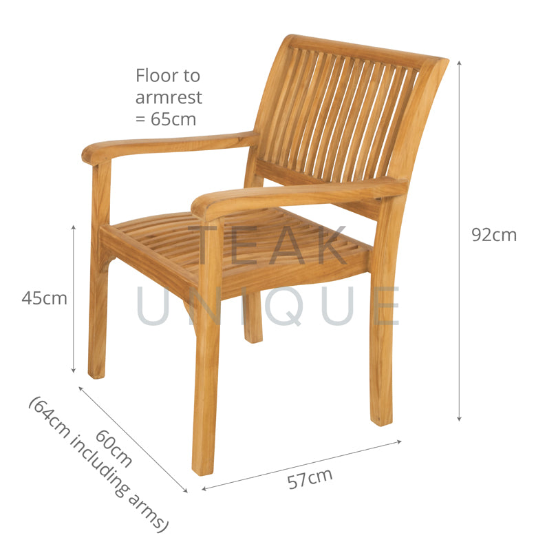 Teak Carver Chair with dimensions displayed measuring 92cm high, 57cm deep and 60cm wide, on a white background
