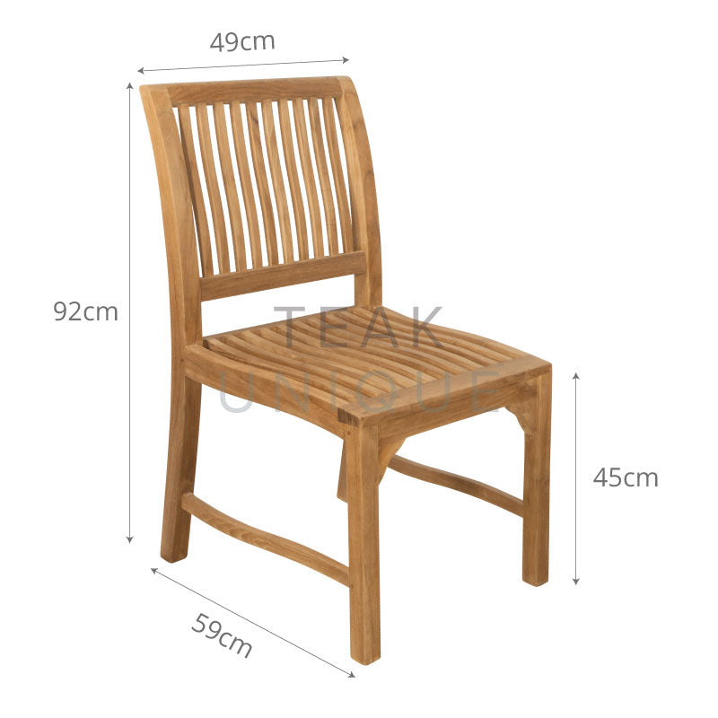 
                  
                    Teak dining chair with slatted backrest and seat, with dimensions displayed measuring 92cm high, 49cm wide and 59cm deep 
                  
                
