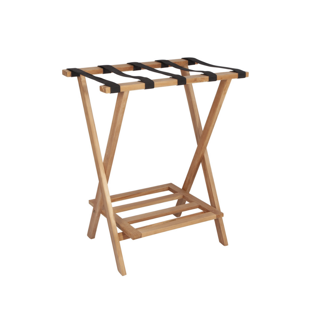 Folding teak luggage rack with shelf below and canvas straps to hold bag or case. The luggage rack is on a white background