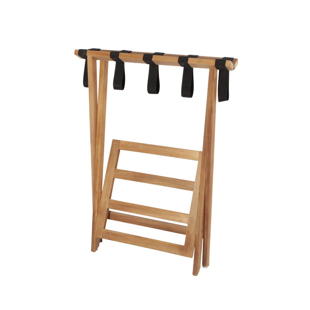 Teak folding luggage rack, with canvas straps and lower shelf. The rack is folded closed, on a white background