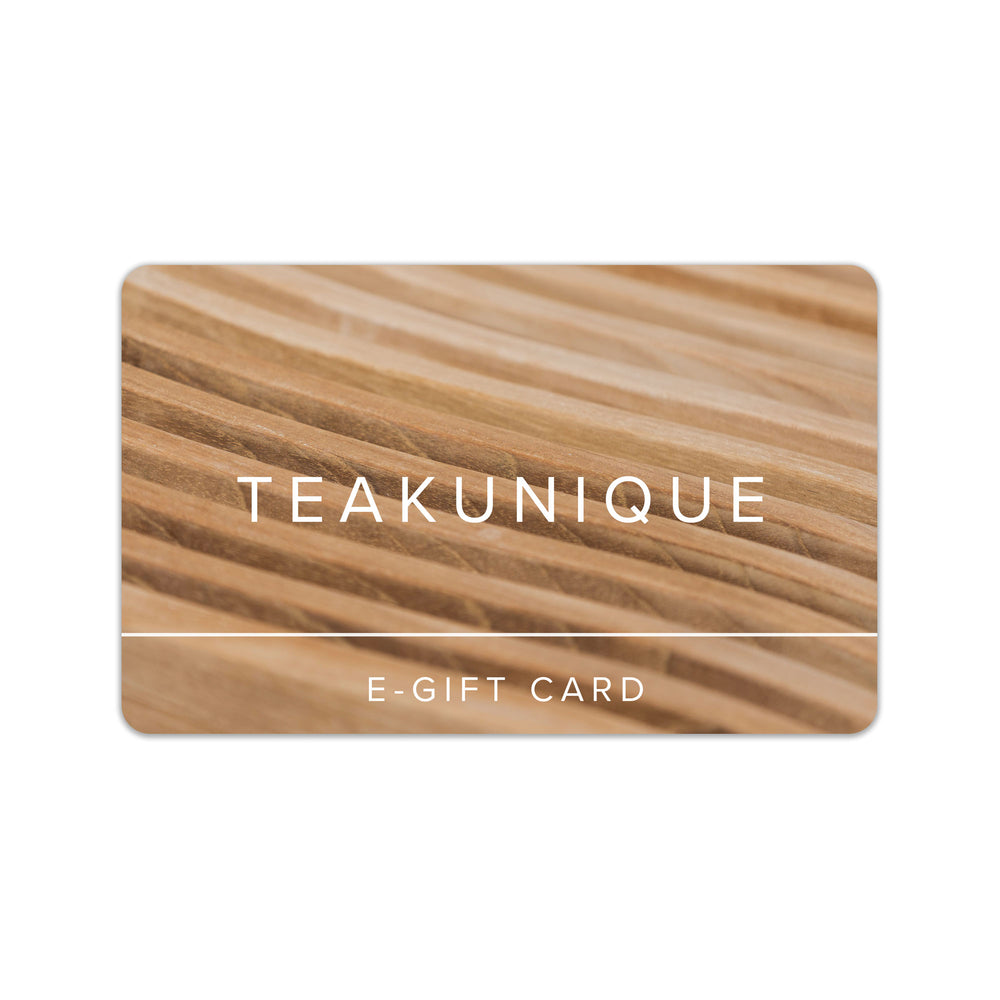 A digital gift card from Teakunique with a wood grain pattern and the brand name displayed.
