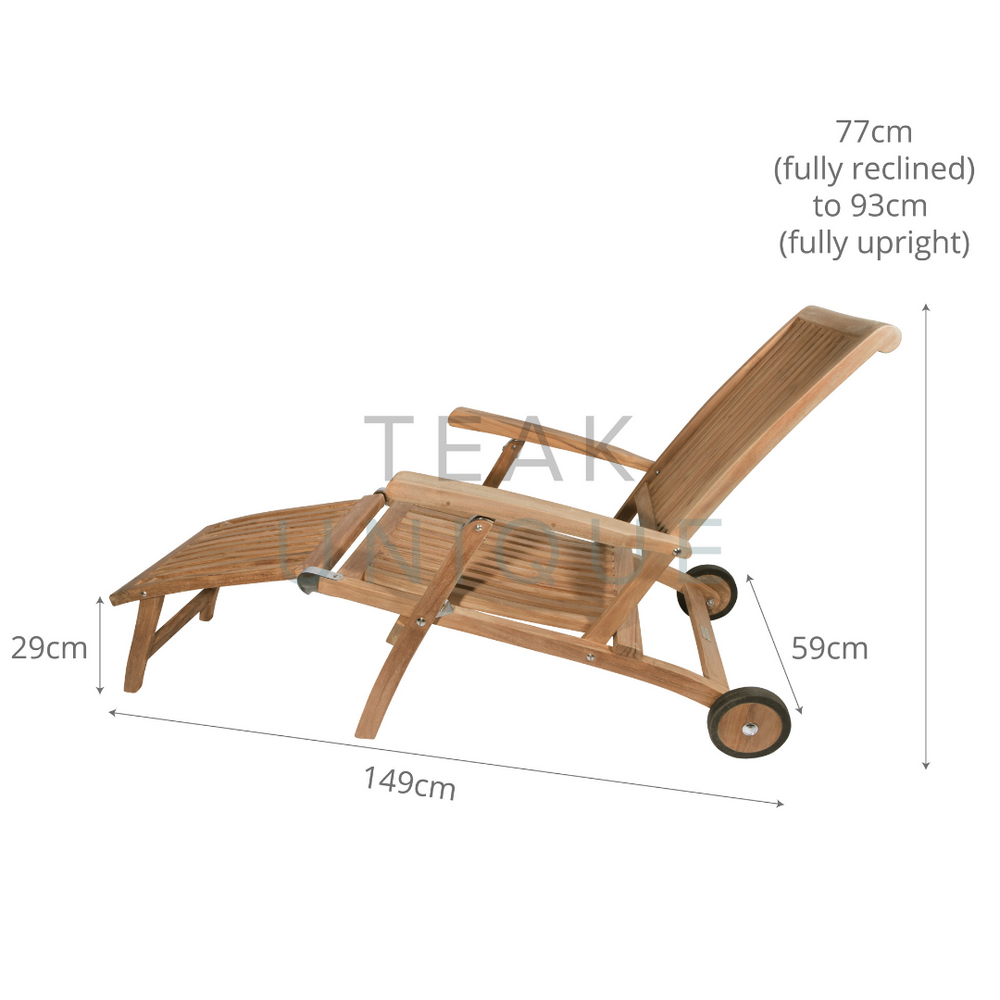 
                  
                    Side view of single teak reclining lounger chair with wheels and armrests. Dimensions are displayed measuring 149cm long, 59cm wide and 93cm high when fully upright
                  
                