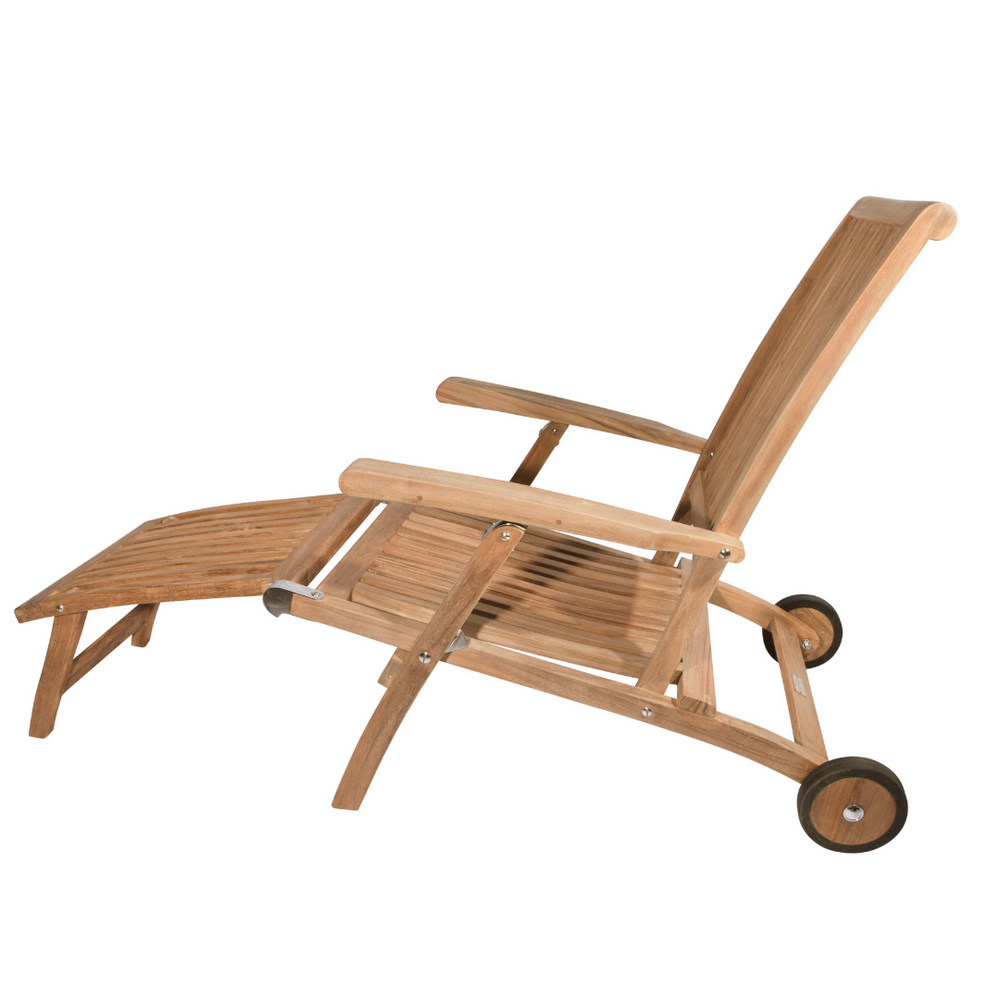 Side view of single teak reclining lounger chair with wheels, armrests and footrest